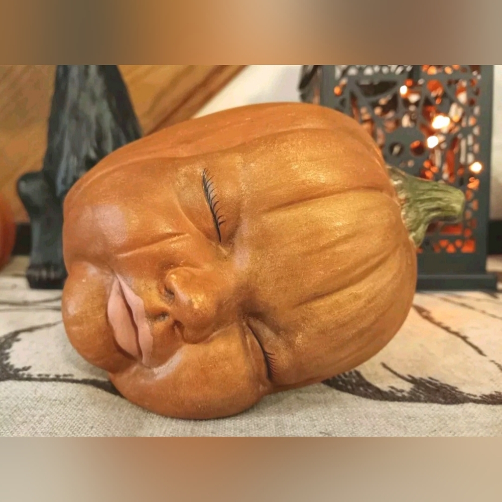 Vintage Ceramic Sleeping Pumpkin Baby Face Halloween Oddity Decor